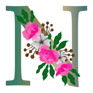 Çiçekli N harfi, beyaz arka planda izole edilmiş. Ayrı nesne, vektör.