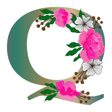 Çiçekli Q harfi, beyaz arka planda izole edilmiş. Ayrı nesne, vektör.