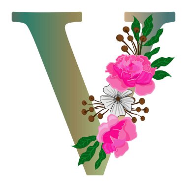 Çiçekli V harfi, beyaz arka planda izole edilmiş. Ayrı nesne, vektör.