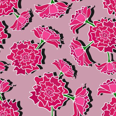Pembe arka planda çiçek açan pembe karanfiller. Kusursuz çiçek deseni, vektör.