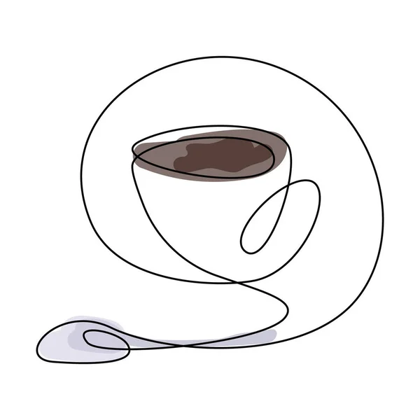 Continuous line drawing of cup of coffee with spoon. Colorful sketch. Vector illustration. — Stock vektor