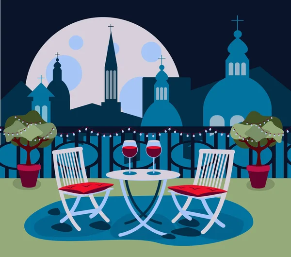 罗马古城的一家舒适的餐厅，屋顶上有桌子和两张椅子，夜晚或夜晚都有城市景观 — 图库矢量图片