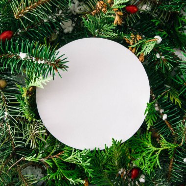 Daire şeklinde kağıt bir notla Noel ağacı dallarından yapılmış yaratıcı bir görünüm. Düz yatak. Doğada yeni yıl kavramı..