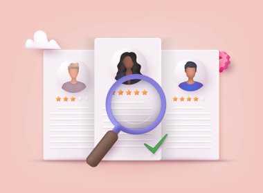 İnsan kaynakları yönetimi ve işe alım kavramı. İş görüşmesi, işe alım ajansı temsilciliği. 3B Vektör Resimleri.