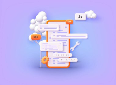 Mobil uygulama geliştirme süreci. Akıllı telefon arayüzü oluşturma işlemi, mobil uygulama. 3B Web Vektör Resimleri.