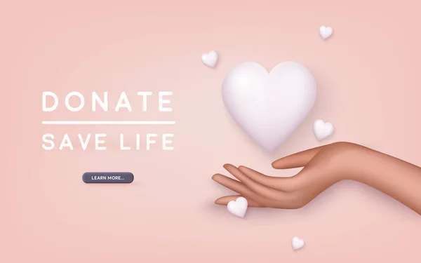 Donare Salvare Vita Banner Mani Che Tengono Cuore Bianco Modello — Vettoriale Stock