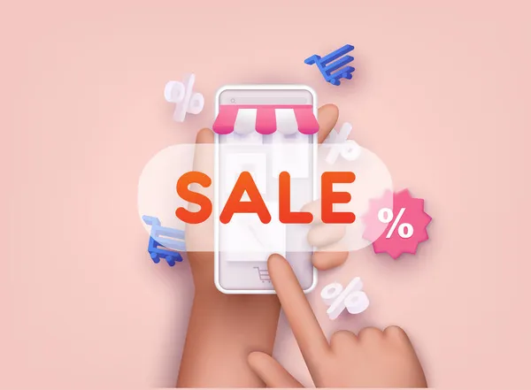 Hand Holding Smartphone Sale Sign Online Shopping Concept Web Vector — Stock Vector