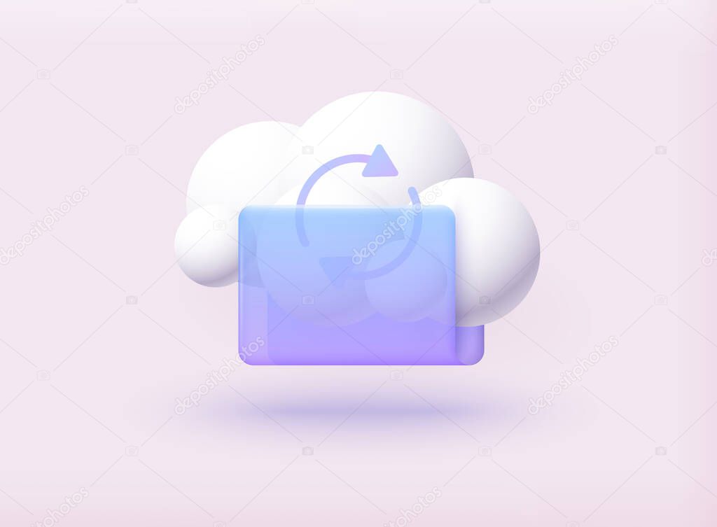 Cloud storage icon. Digital file organization service or app with data transfering. 3D Web Vector Illustrations.