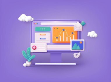 Sayfaları açık bilgisayar. Web için sayfa şablonu indiriliyor. Veri analizi, torpido gözü ve iş finans raporu. 3B Web Vektör Resimleri. 