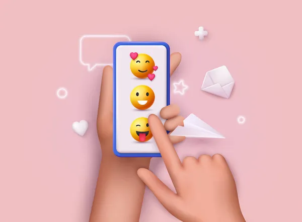 Mano Sosteniendo Teléfono Con Emoji Mensaje Plantilla Móvil Red Social — Vector de stock