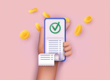Kağıt çekle el ele tutuşan akıllı telefon. Ödeme onaylandı, online kart ödeme konsepti, kolay ödemeler. Başarılı operasyon konsepti. 3B Web Vektör Resimleri.