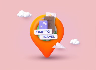 Seyahat bayrağı zamanı. Pasaportlu, biletli, seyahat çantalı bir pankart. 3B Web Vektör Resimleri.