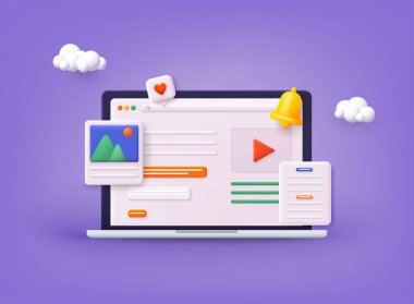 Video oynatıcı, galeri, geliştirme, uçan elementlerle seo analiz konsepti. Uzaklık eğitimi, yayın, web sitesi, konferans videoları. 3B Web Vektör Resimleri.