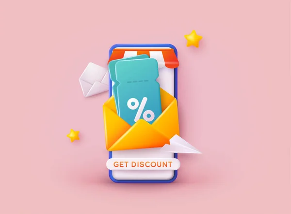 Phone with discount. Store special offers advertisement. Markdown program, loyalty program, promotional mix metaphors. 3D Web Vector Illustrations.