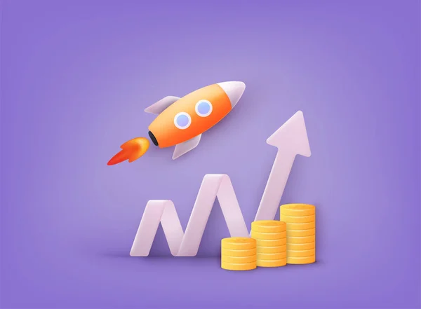 Successful startup business concept. Rocketship for startup media. 3D Vector Illustrations.