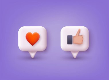 Thumb up gesture and heart as likes. Social media icons. 3D Web Vector Illustrations.