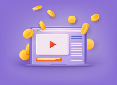 Sosyal medya, pasif gelir kavramı için video oynatıyor. Canlı yayın videosu olan sosyal medya. 3B Web Vektör Resimleri.