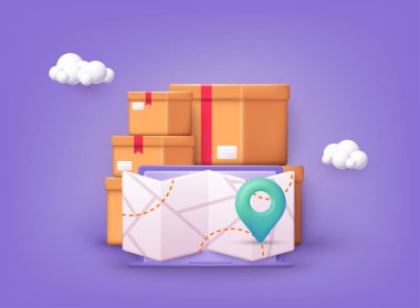 Map with delivery tracking. GPS navigator pointer. 3D Web Vector Illustrations.