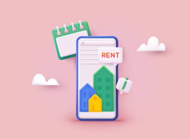 Emlak konsepti. Gayrimenkul satışı ya da kira konsepti. Mobil uygulama şablonu. Akıllı telefon ekranında emlak uygulaması. 3B Web Vektör Resimleri. 