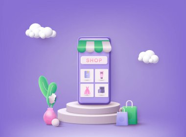 Online alışveriş uygulaması ve web sitesi konsepti, dijital pazarlama çevrimiçi, akıllı telefon ekranında yeni ürünleri olan alışveriş arabası. 3B Web Vektör Resimleri.