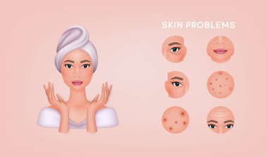 Woman with a towel on the head. Spa and skin care concept. Skin problems solution, home remedies. Skincare and dermatology concept. 3D Web Vector Illustrations. clipart