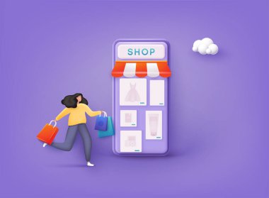 Alışverişten hoşlanan kadın. Alışveriş torbaları taşıyarak. Shopp uygulamalı cep telefonu. İnternetten alışveriş konsepti. 3B Web Vektör Resimleri.