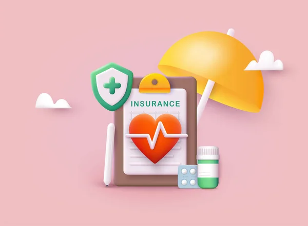 健康保険の概念 傘の下にそれに関する文書と大きなクリップボード 医療サービス Webベクトル イラスト — ストックベクタ