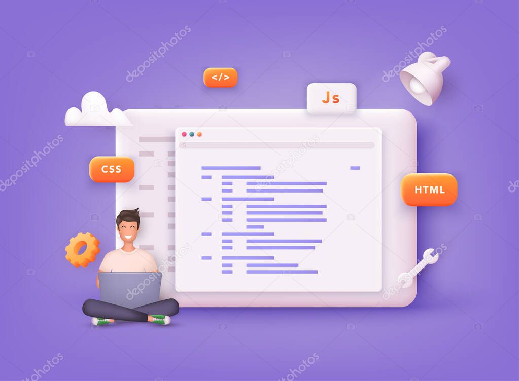 Vector of Website programming and coding. Web development and coding. Influencer marketing, social media or network promotion. 3D Vector Illustrations. Website programming and coding. Web development and coding. Influencer marketing, social media or network promotion. 3D Vector Illustrations. stock vector