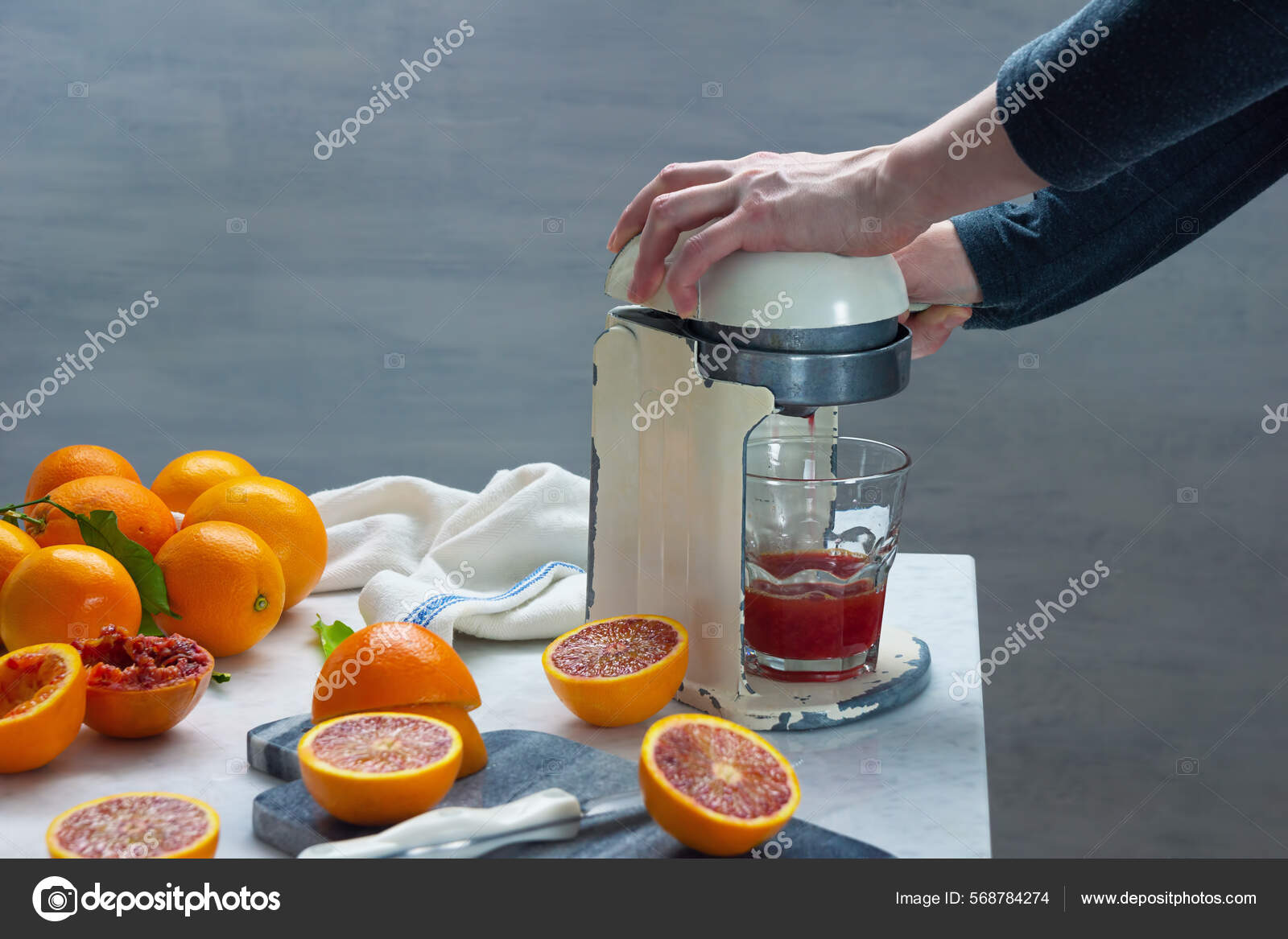 Woman Squeezing Blood Oranges Vintage Juicer Make Fresh Orange