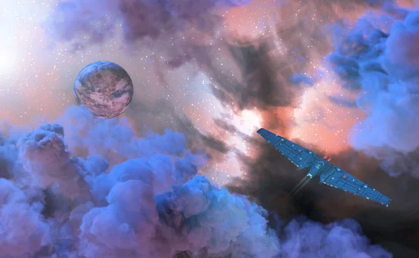 Космічний Корабель Наукової Фантастики Літає Небу Зоряній Галактиці Минуле Туманності — стокове фото
