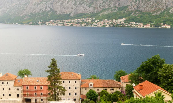 Impressive Aerial View Part Kotor Bay Red Roofs Boats Sea — стоковое фото