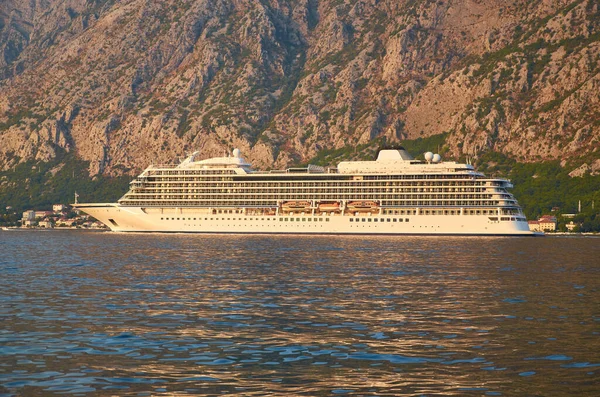 Cruiser on move in the Bay of Kotor during a summer day