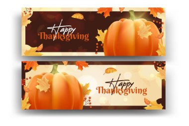 Gerçekçi şükran günü pankartları ve balkabağı kurutulmuş yapraklar vektör tasarımı illüstrasyonu