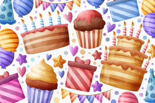 Aquarell Alles Gute Zum Geburtstag Cupcakes Geschenke Vektor Design Illustration — Stockvektor