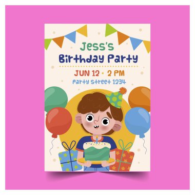 Doğum günün kutlu olsun. Elinde pasta posteri tasarımı illüstrasyonu var.