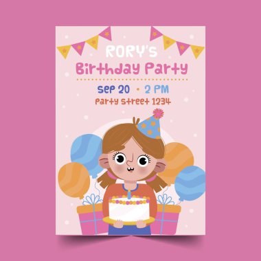 Elinde pasta tutan sevimli kız balonlarla çevrili poster tasarımı çizimi