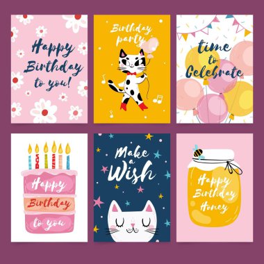 Elle çizilmiş doğum günü tebrik kartı koleksiyonu vektör tasarımı illüstrasyonu