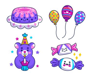 kawaii doğum günü etiketleri vektör tasarım resimlerini paketler