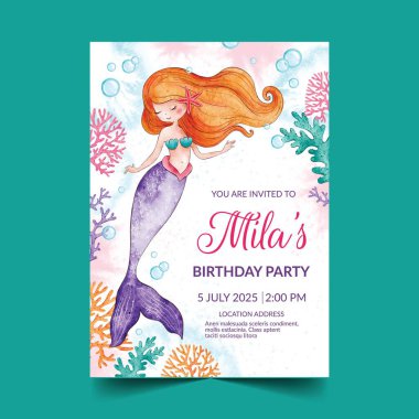Elle boyanmış suluboya deniz kızı doğum günü davetiyesi şablonu vektör tasarımı çizimi