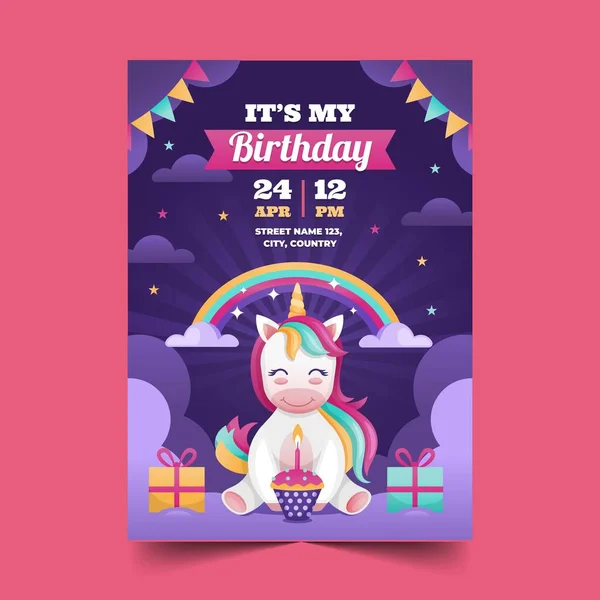フラット子供の誕生日招待状ユニコーンベクトルデザインイラスト — ストックベクタ
