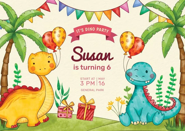 Aquarelle Peinte Main Dinosaure Anniversaire Invitation Vectoriel Design Illustration — Image vectorielle