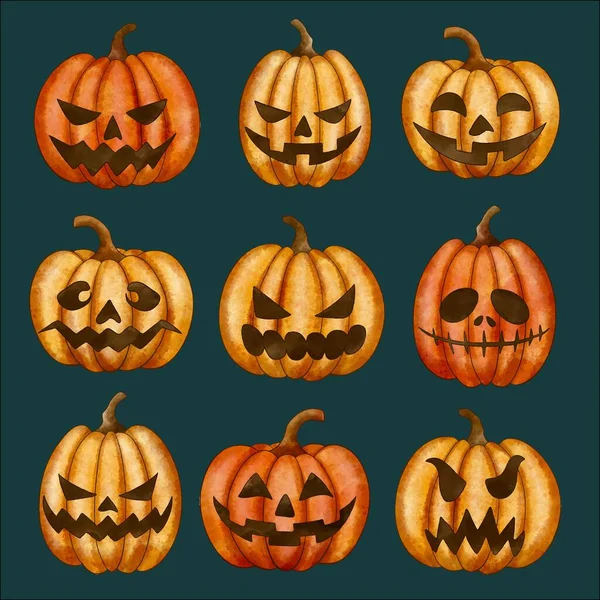 Akvarell Halloween Sütőtök Gyűjtemény Vektor Tervezés Illusztráció — Stock Vector