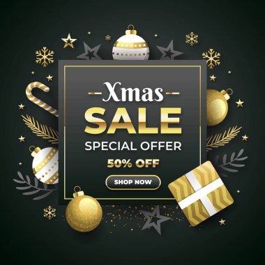 düz noel satış tanıtımı. Altın gri dekorasyon vektör tasarımı illüstrasyonu.