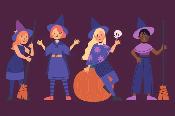 Ručně Kreslené Ploché Halloween Čarodějnice Kolekce Vektorový Design Ilustrace — Stockový vektor