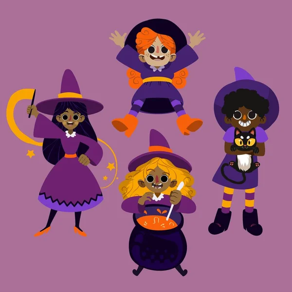 Hand Drawn Flat Halloween Witches Collection Vector Design Illustration — Stock Vector