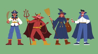 el çizimi düz cadılar bayramı kostümleri koleksiyon vektör tasarımı illüstrasyonu