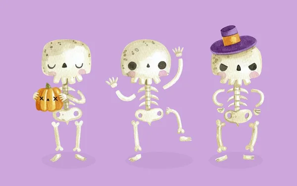 Aquarela Halloween Esqueletos Coleção Vetor Desenho Ilustração —  Vetores de Stock