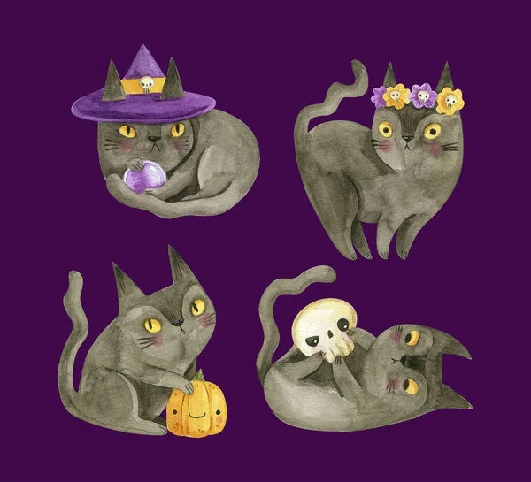 Akvarell Halloween Svarta Katter Samling Vektor Design Illustration — Stock vektor