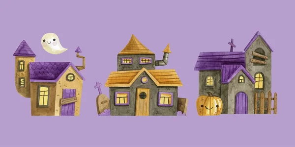 Aquarela Halloween Casas Assombradas Coleção Vetor Design Ilustração — Vetor de Stock