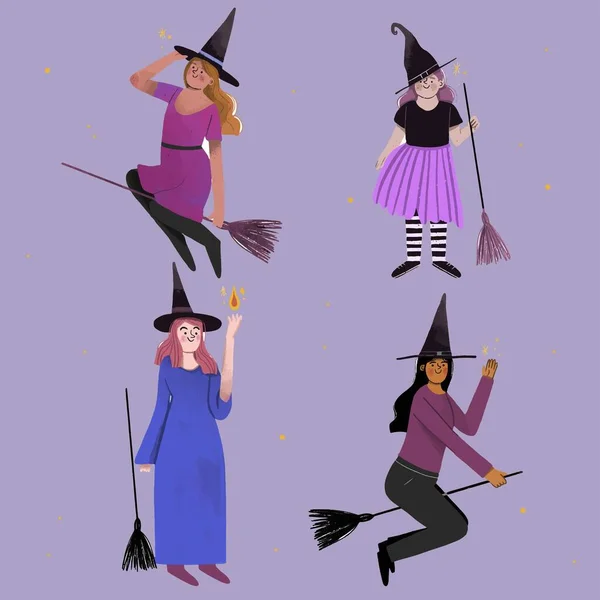 Хэллоуинские Ведьмы Рисуют Векторную Иллюстрацию — стоковый вектор